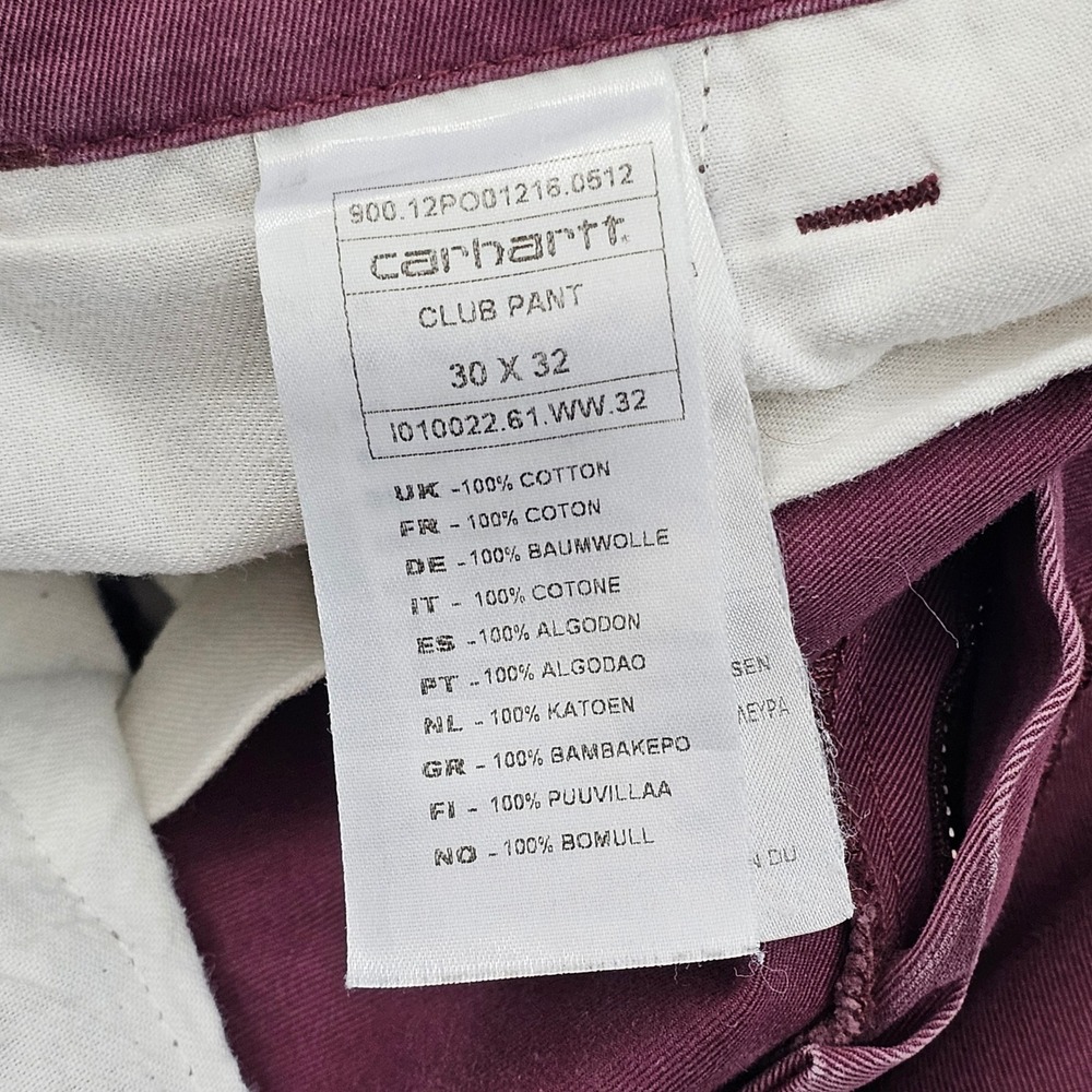 Carhartt WIP Club Pant Mens 30x31 Burgundy Cotton Chino Slim Straight Workwear - Picture 4 of 9